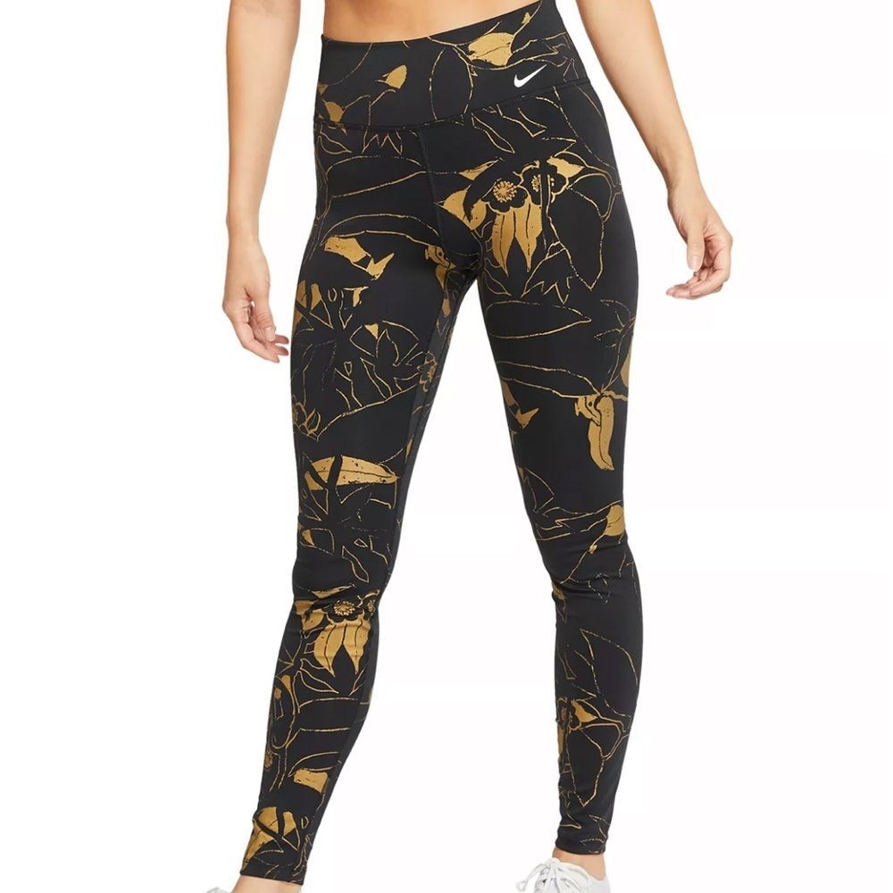 Nike One Dri-FIT women’s Metallic gold floral Training Leggings size XS